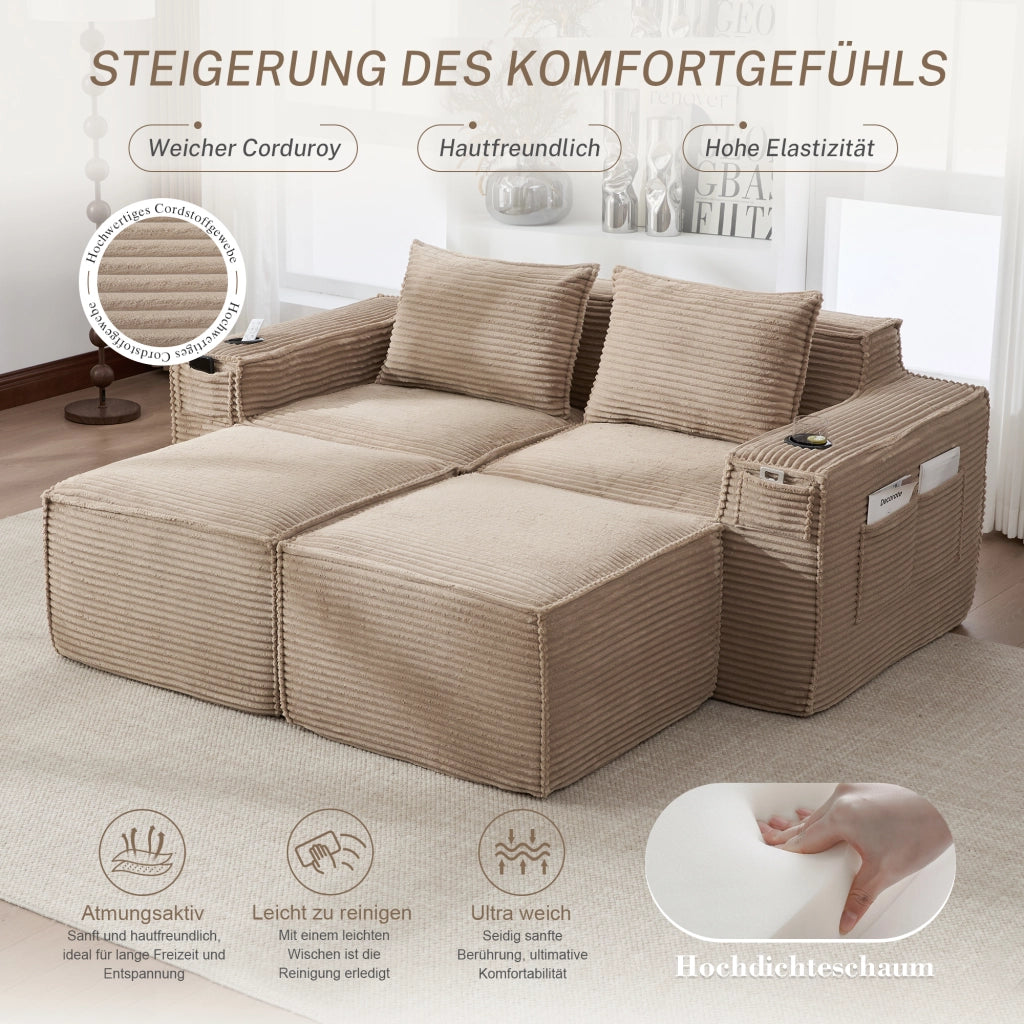 Divano modulare 2 posti in tessuto a coste con portabicchieri e tasche laterali comode khaki 188 × 162 × 75 cm