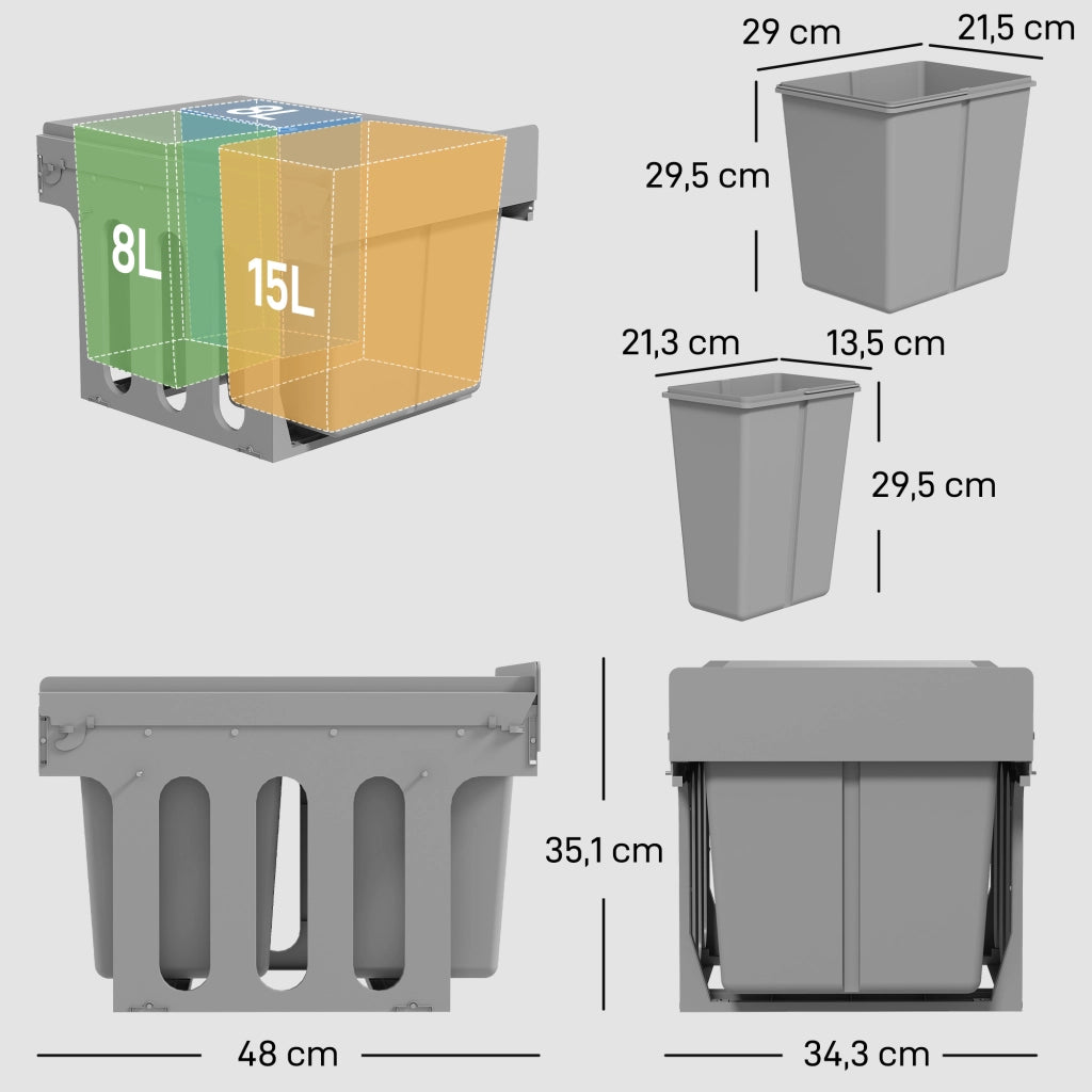 Cestino Sottolavello 3 Contenitori ¨C Minimal ¨C Grigio Chiaro 31L