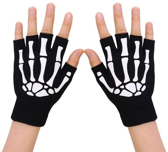 Manopole con mani scheletrate luminescenti - Manopole senza dita - Manopole a metà mano - Unisex - Fibre acriliche morbide - Comode e calde