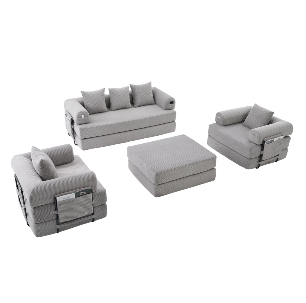Divano modulare in tessuto a coste grigio chiaro 200x94x67 cm con pouf