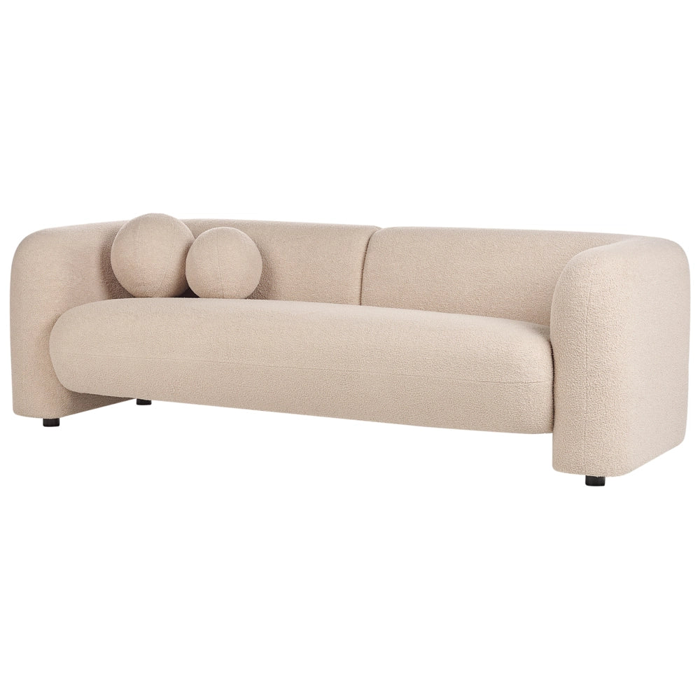 Divano a 3 posti in tessuto bouclè beige con cuscini aggiuntivi stile elegante
