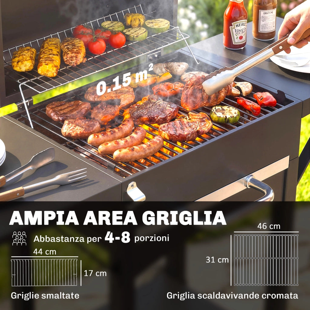 Barbecue a Carbone con Termometro e Ruote - Xylo - Nero, 110x46.5x101 cm