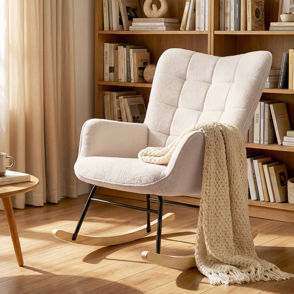 Poltrona a dondolo ¨C Minimal ¨C beige, effetto lana, 71x98x101 cm