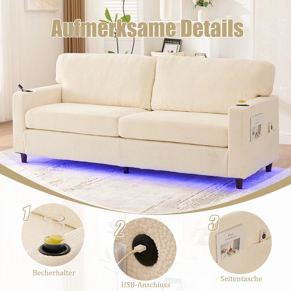 Divano 2 posti - Xylo - Chenille, LED, USB-C, porta bicchieri, beige