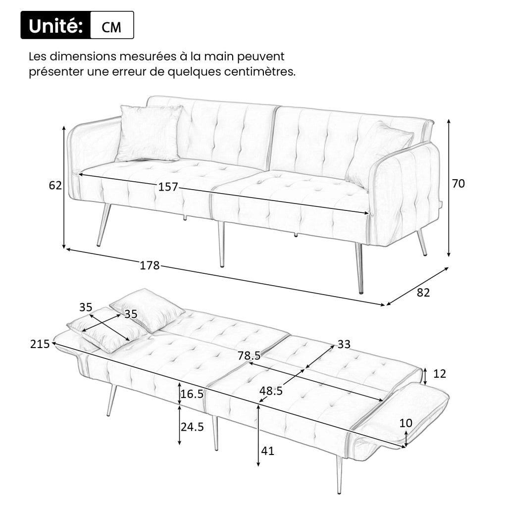 Divano Letto 2 Posti con Schienale Regolabile e Braccioli Multi-Posizione in Velluto Beige
