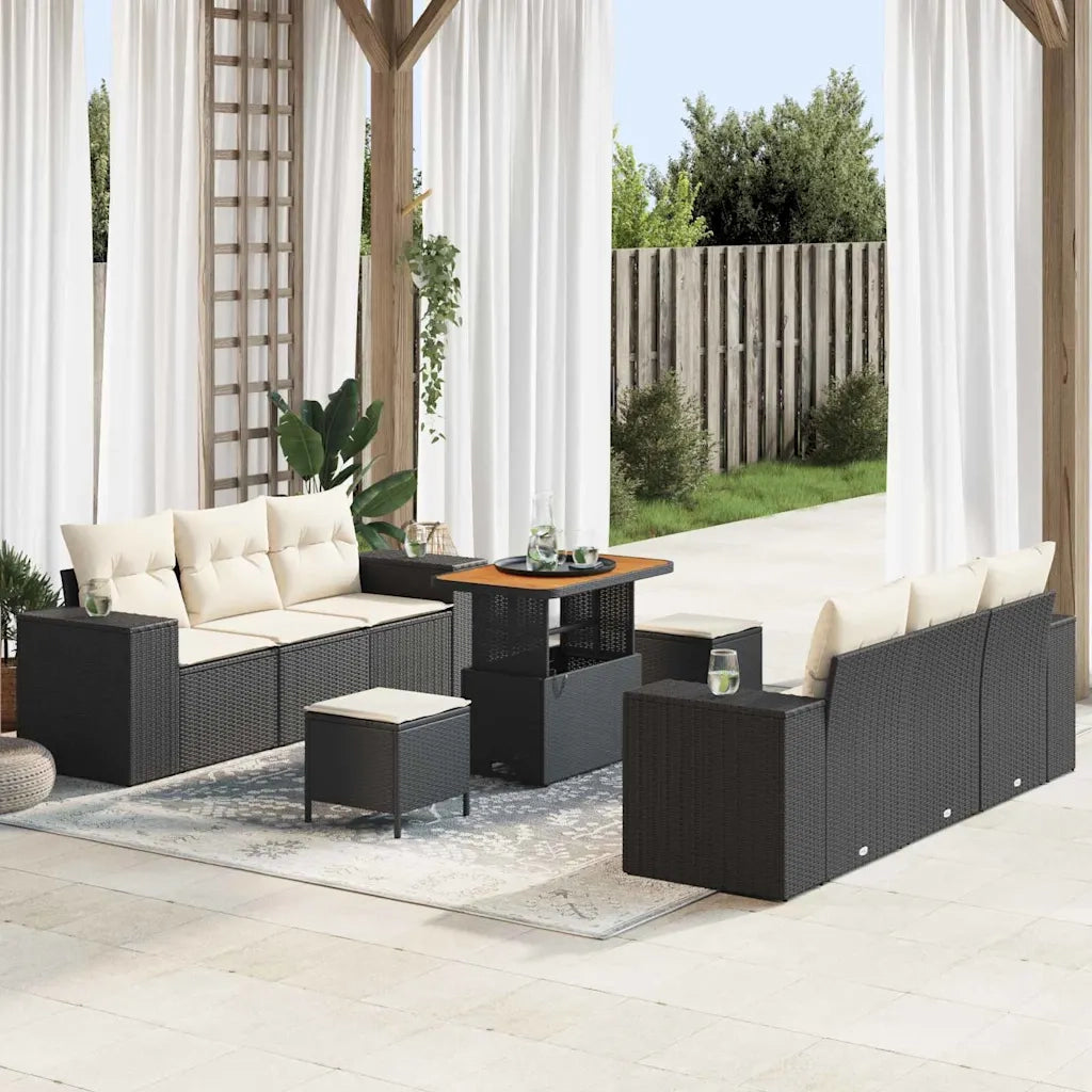 Set Divano da Giardino con cuscino 9 pcs Nero e Crema