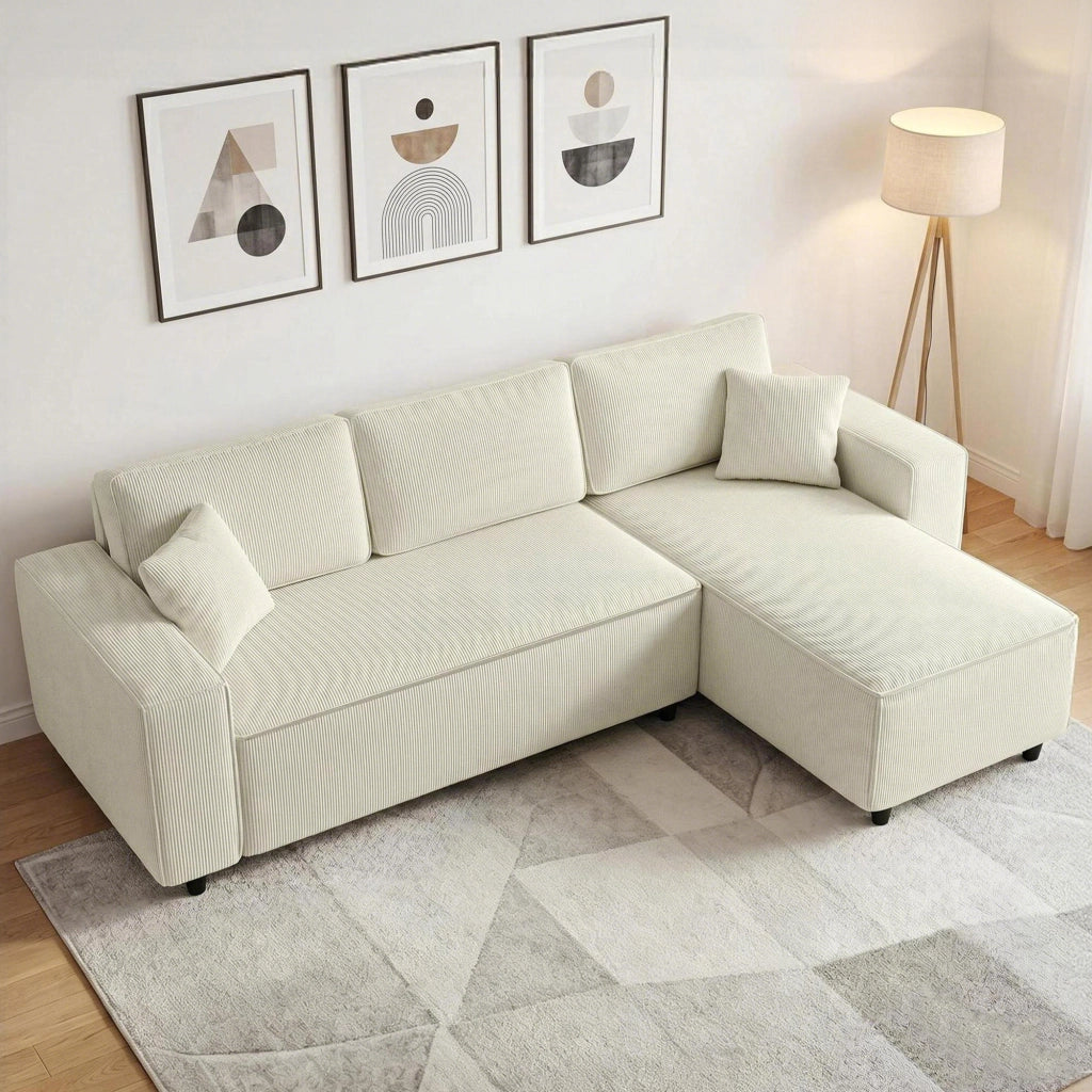 Divano Angolare 3 Posti in Velluto ¨C Minimal ¨C Bianco Crema 241x153x83