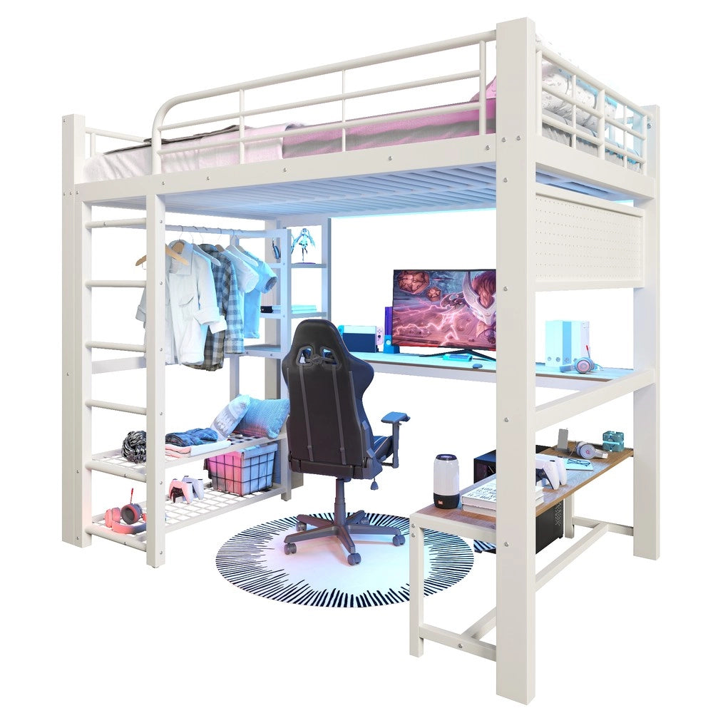 Letto a Soppalco con LED e Scala con Contenitore ¨C MINIMAL ¨C Metallo Bianco 140x200cm