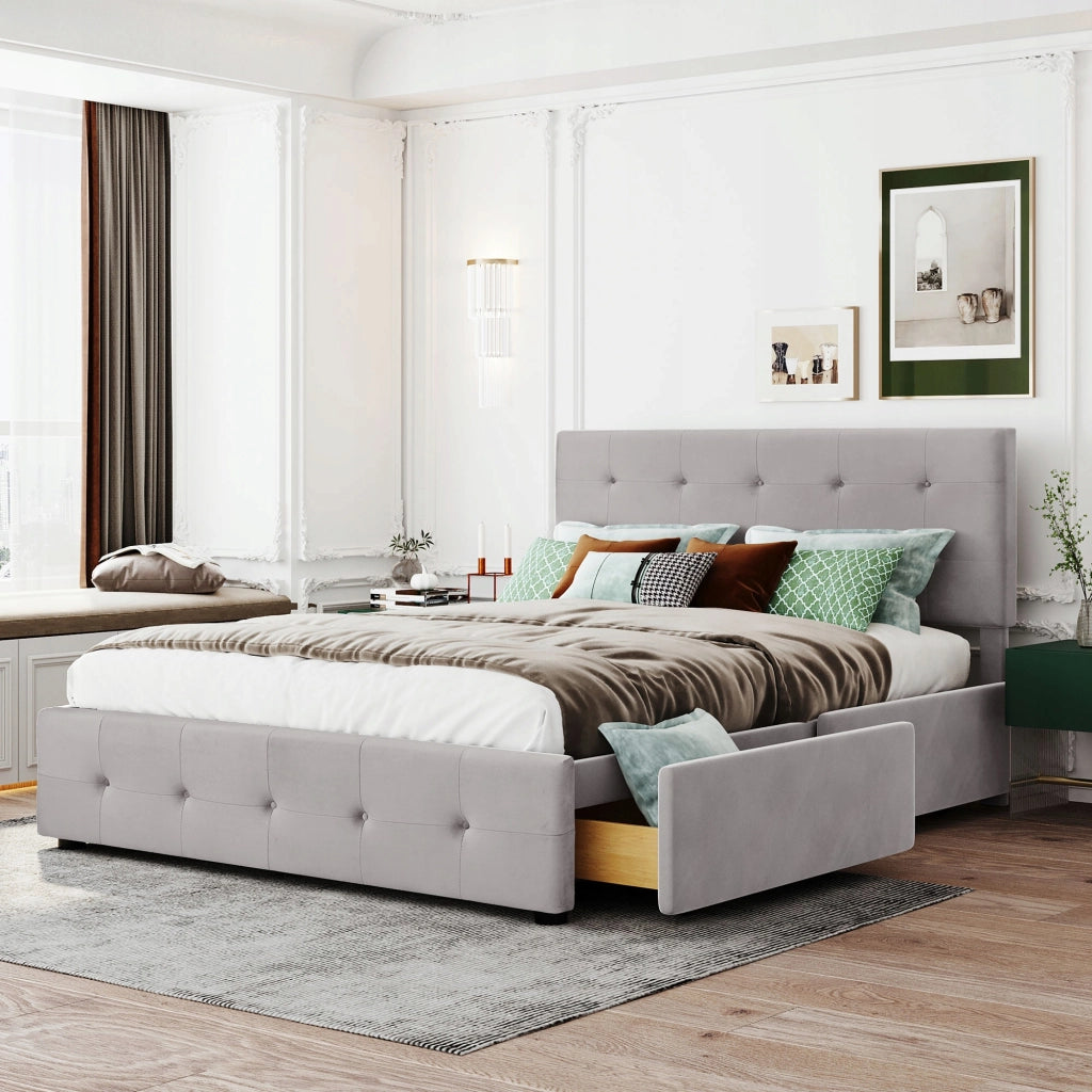 Letto imbottito 140x200 grigio con cassetti - Xylo