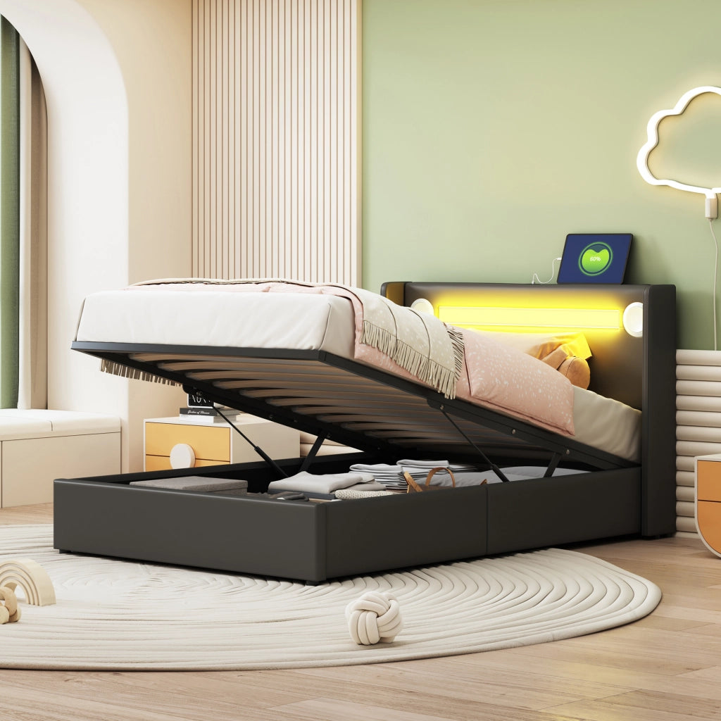 LETTO Bambini 90x200 cm in PU Nero con LED, Bluetooth e USB