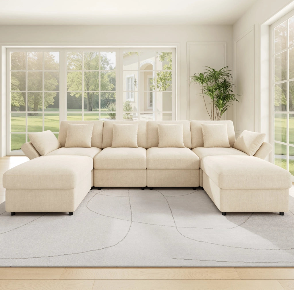 Divano modulare angolare in chenille beige con 2 pouf; braccioli regolabili e 6 cuscini; 284x156;5x86 cm