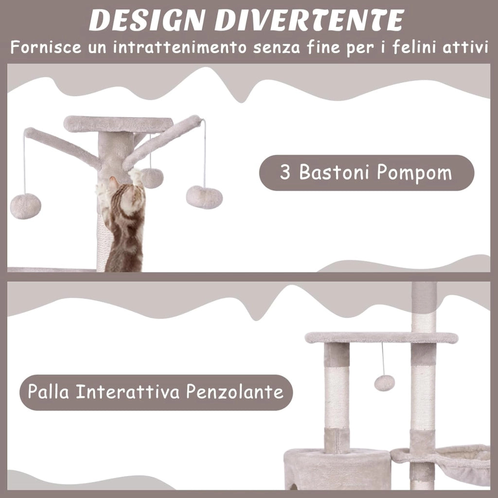 Tiragraffi per Gatti Alto 140 cm, Albero Tiragraffi Gatto con Tiragraffi in Sisal, Cesto, Piattaforma, Scala e Palline Pendenti, Torre Multi-Livello per Gatti da Interno