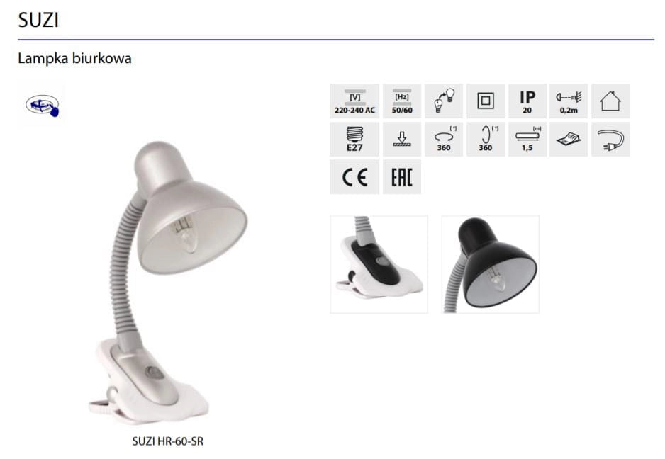Lampada da scrivania con clip Kanlux SUZI 7150 argento