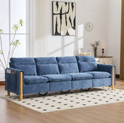 Divano modulare a U per 4 posti con 2 pouf contenitore; in chenille blu; 261 cm