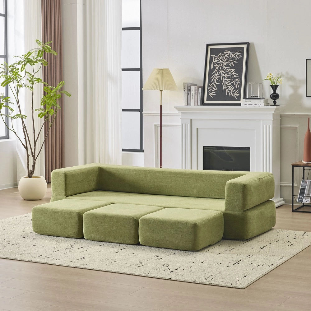 Divano Letto con Poggiapiedi Chenille ¨C Xylo ¨C Verde, Schiuma ad Alta Elasticit¨¤
