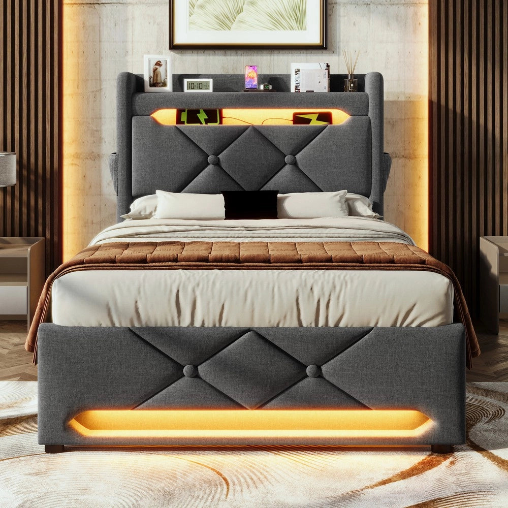 Letto Singolo Imbottito Contenitore con LED e USB ¨C MINIMAL ¨C Grigio, Tessuto, 90x200