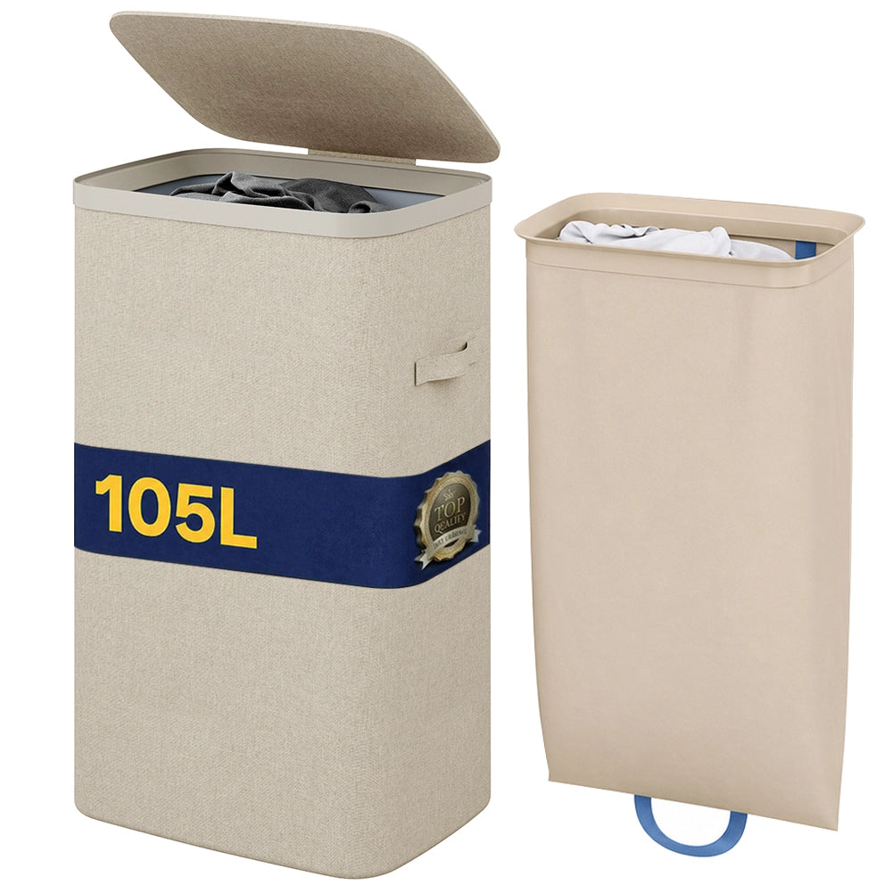 Cesto Biancheria Sporca Beige Portabiancheria 105L Sacco Estraibile 42x32x67cm