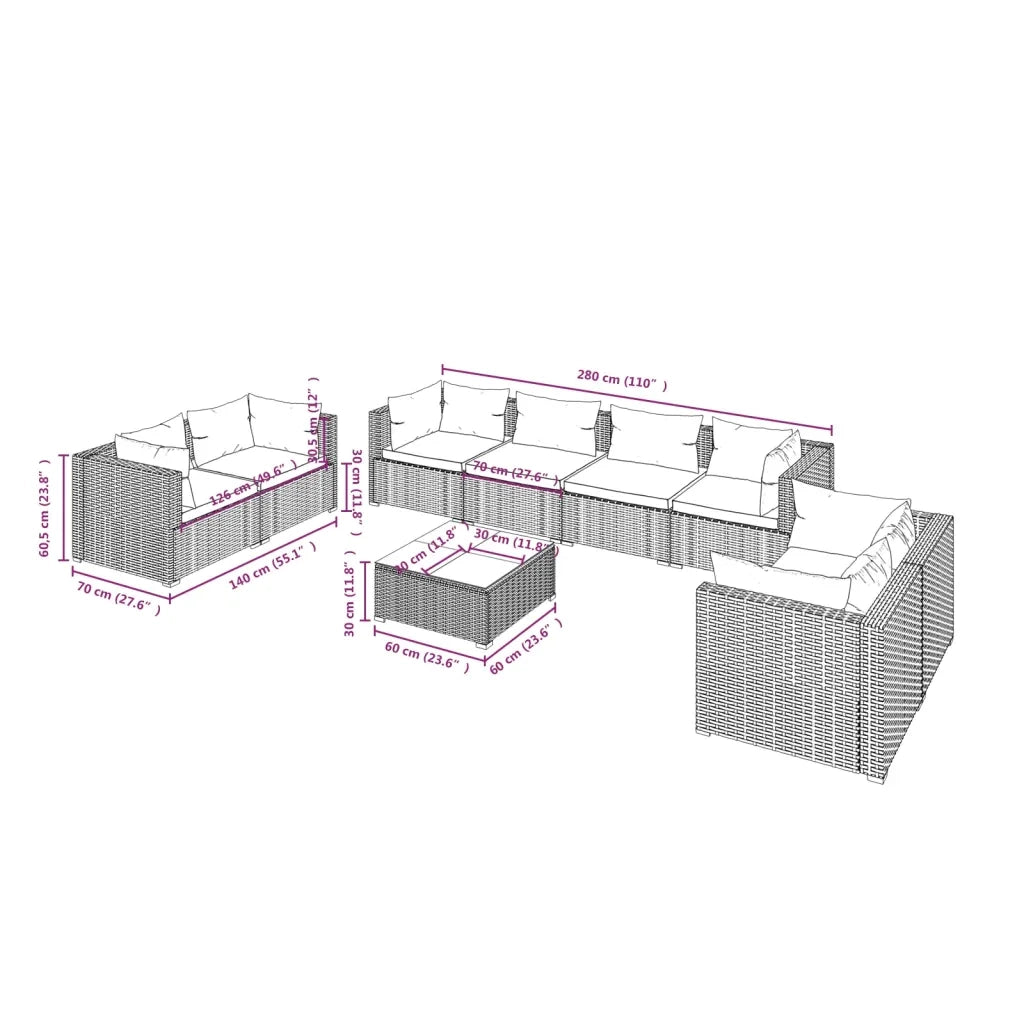 Set Divani da Giardino 9 pz con Cuscini in Polyrattan Nero 3102287