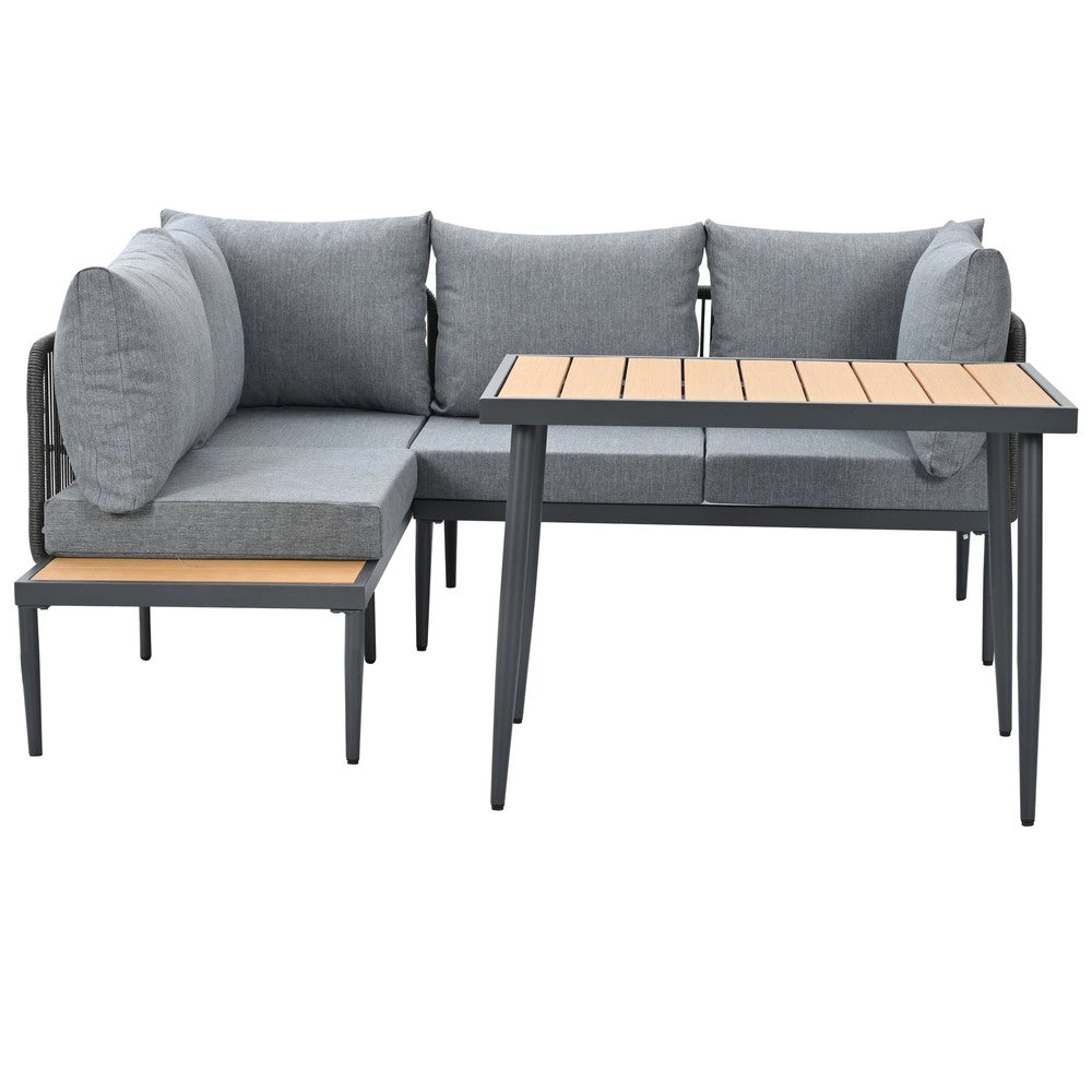 Gruppo da pranzo da giardino angolare - Zephmum- Divano + tavolo, struttura tubolare acciaio zincato, piano tavolo in plastica legno, grigio