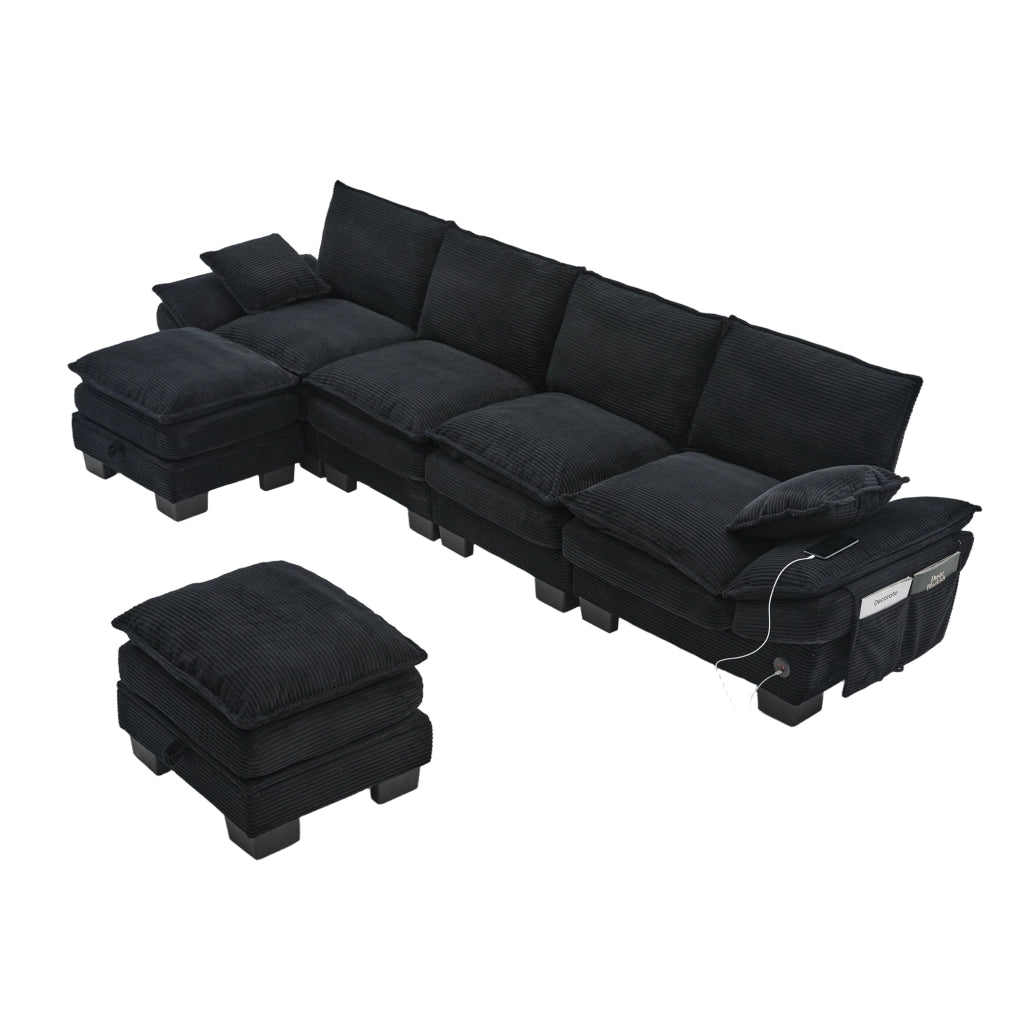 Divano 4 Posti con 2 Poggiapiedi in Tessuto a Coste ¨C MINIMAL ¨C Nero, Braccioli, Cuscini
