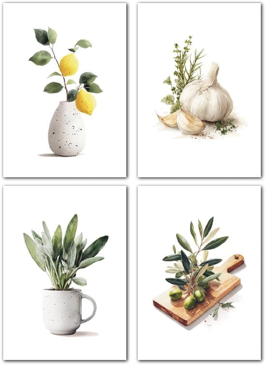 Set di decorazione per muro A4 (21 x 30 cm) - Posteri - Immagini da cucina - Fotografia moderna per muro - Decorazione vintage per muro - Piante estetiche verdi - Posteri