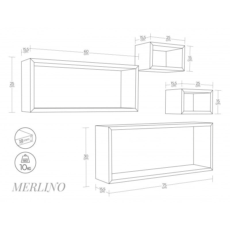 Set 4 Mensole da Muro, Pensile Bagno, Mensola Parete, Scaffale Parete, Marrone Talpa, 75x30 p15,5 cm, 60x25 p15,5 cm e 2 da 25x15 p15,5 cm - Merlino