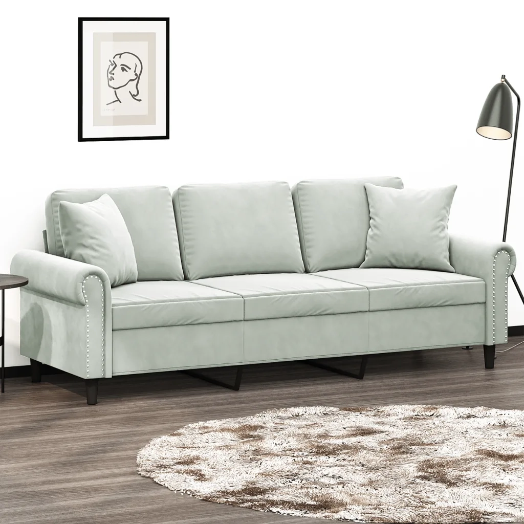 Divano a 3 Posti con Cuscini Grigio Chiaro 180 cm in Velluto 3200955