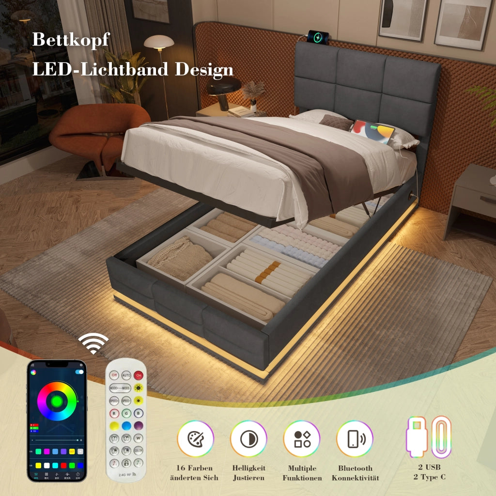 LETTO con testiera regolabile 90x200 cm velluto grigio scuro