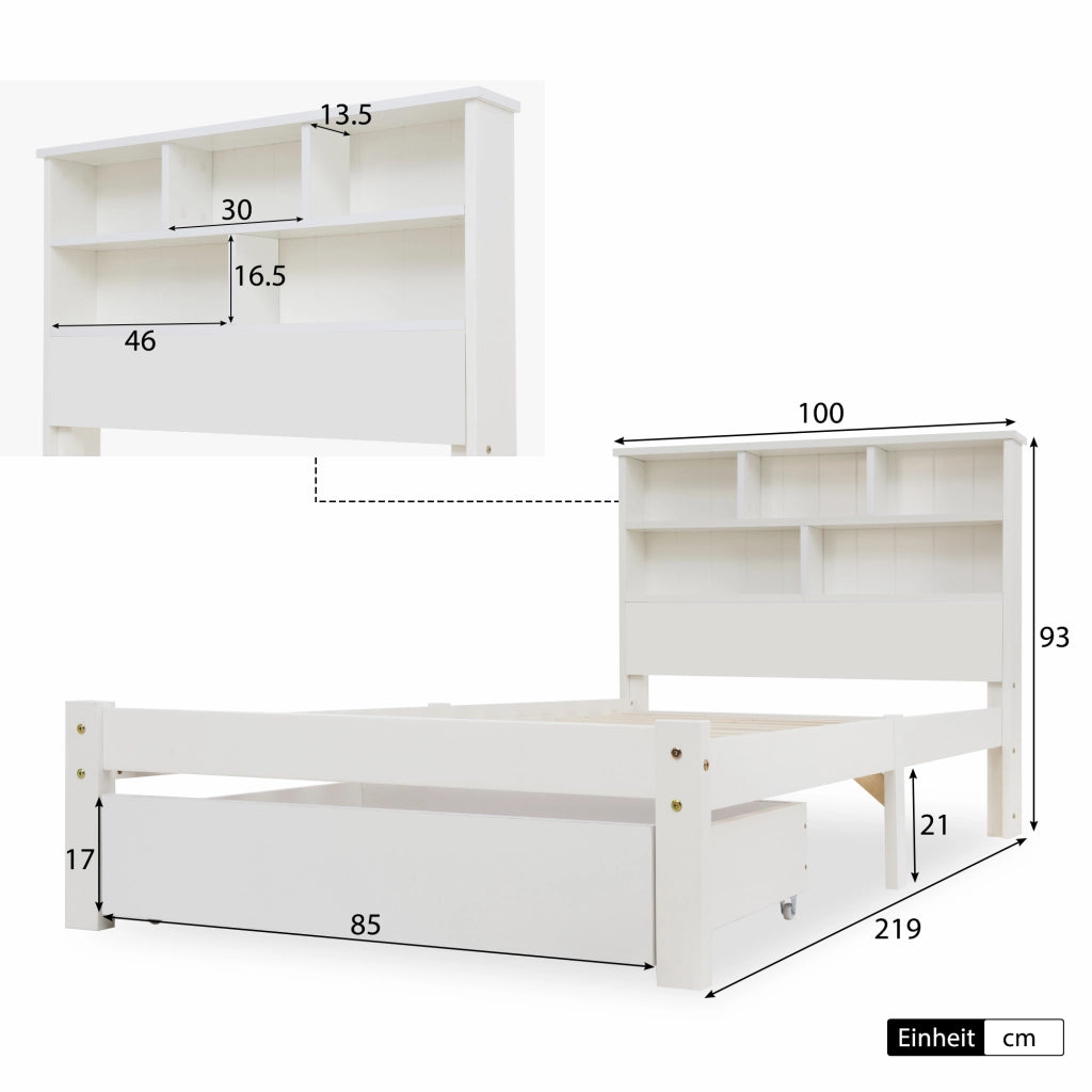 LETTO singolo 90x200 cm con cassetti e testiera libreria bianco