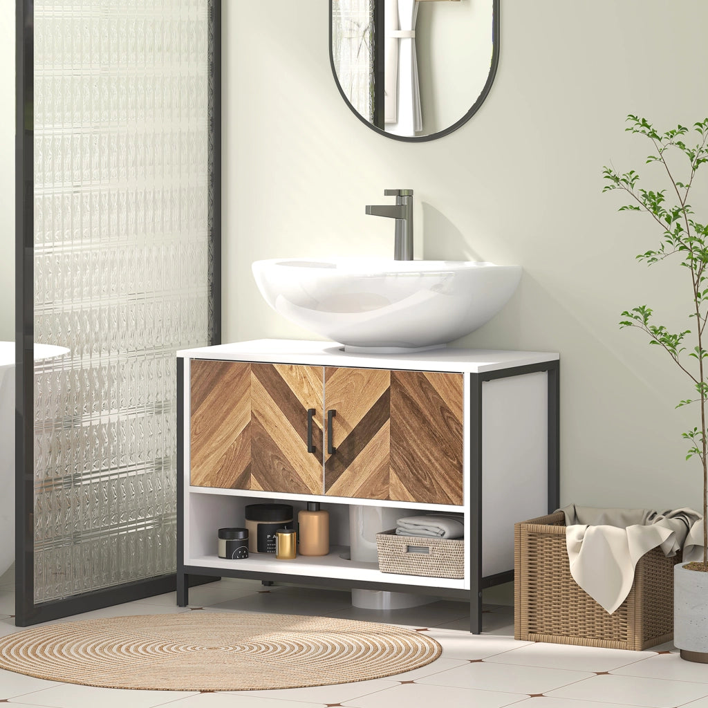Mobiletto Sottolavabo con Ante e Ripiano ¨C zephmum ¨C Crema e Nogal 80x40x60 cm