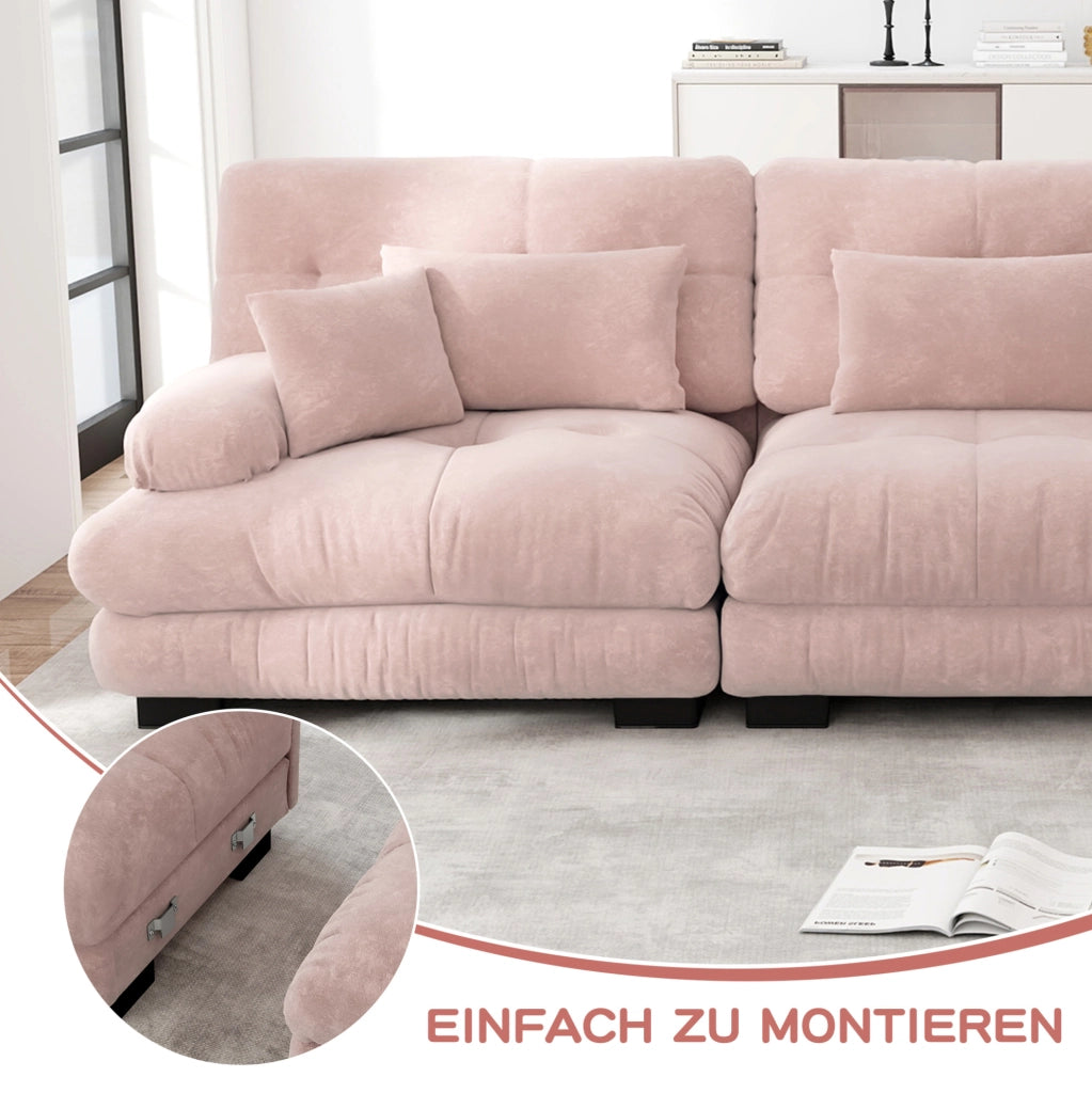Divano modulare in chenille rosa; design cloud con cuscini decorativi e cuscini lombari