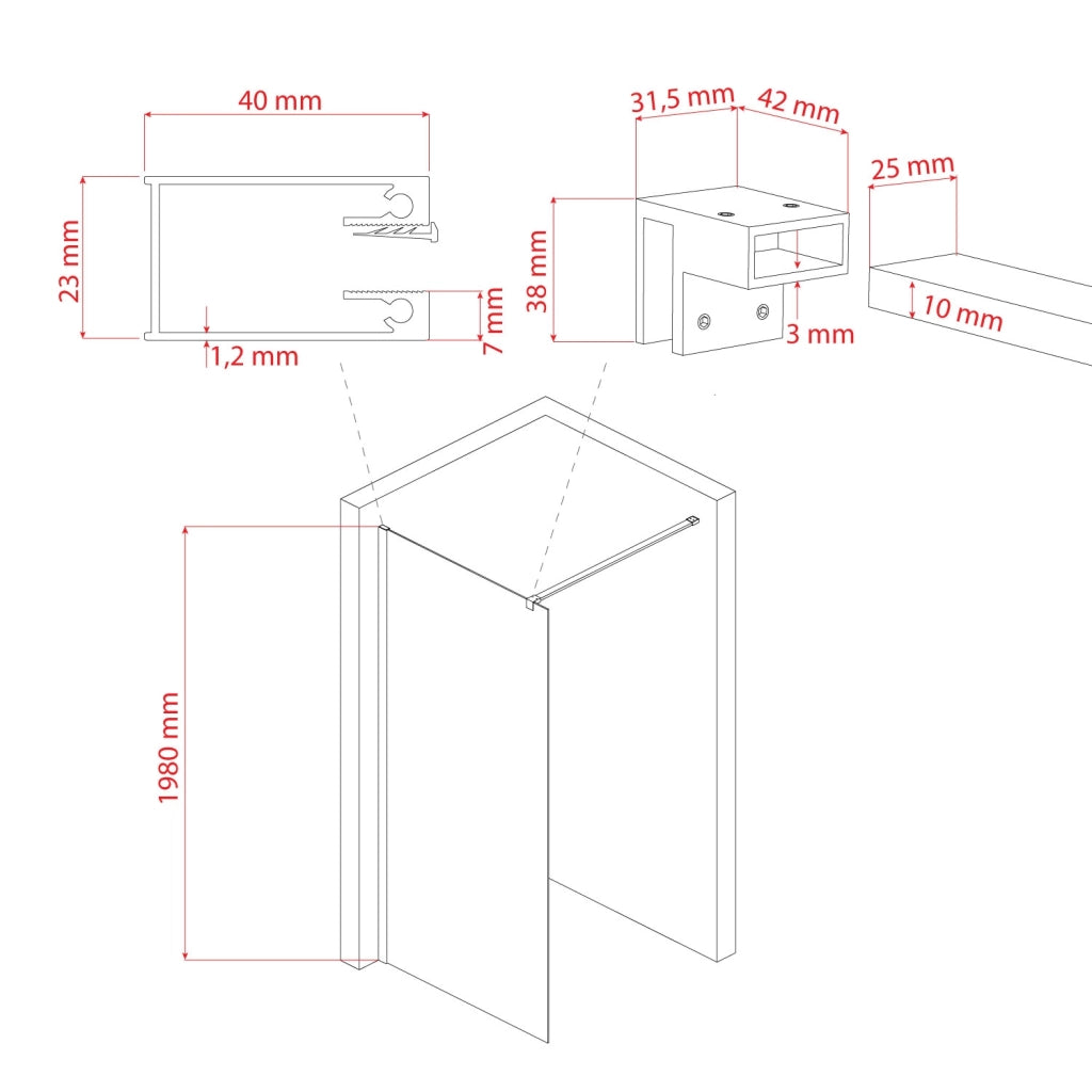 Parete doccia 80 CM 198 CM in vetro trasparente 8 MM mod. Walk in Black Lato