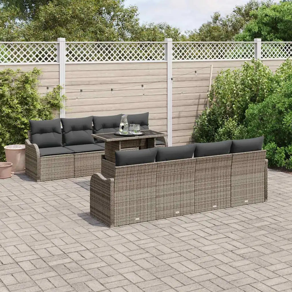 Set Divano da Giardino con cuscino 9 pcs Grigio Poly Rattan