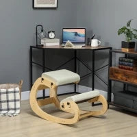 Sedia Inginocchiatoio Regolabile in 6 Posizioni, in Tessuto Effetto Lino e Legno di Betulla, 55x85x55 cm, Crema