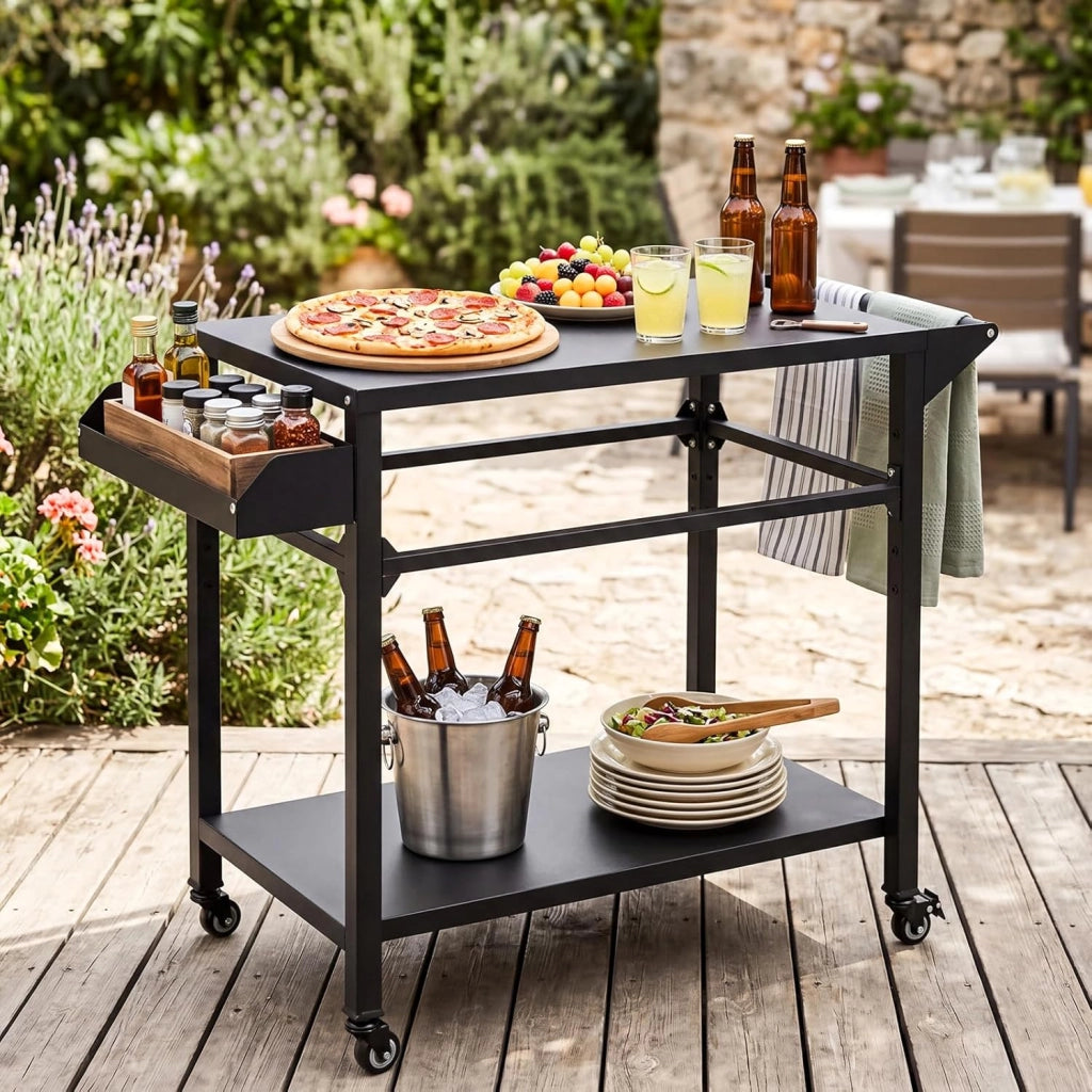 Carrello per Barbecue con 4 Ruote, Carrello Cucina da Esterno per BBQ in Metallo con Portaspezie, Portasciugamani e Ripiano Portaoggetti Inferiore, per Giardino e Terrazza, 100 x 80 x 45 cm