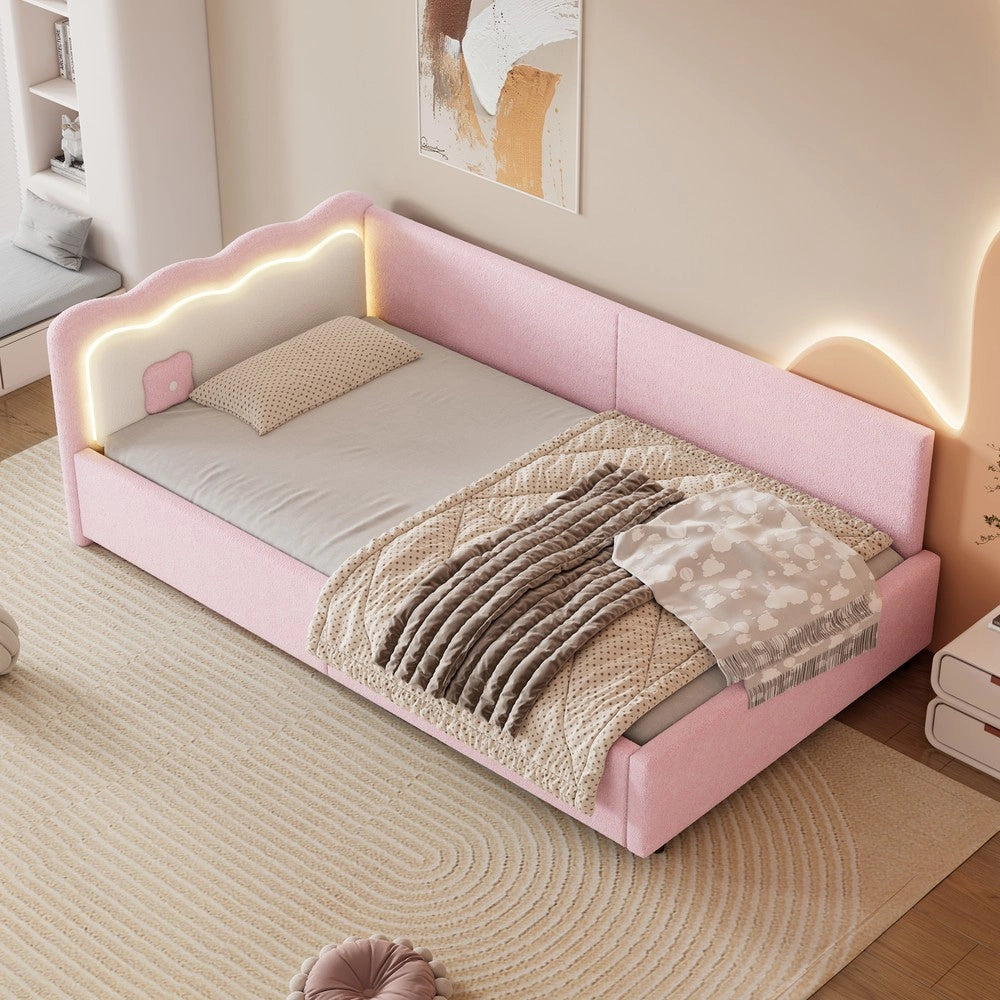 Letto Singolo con LED e Rete a Doghe ¨C MINIMAL ¨C Rosa, Tessuto, 90x200