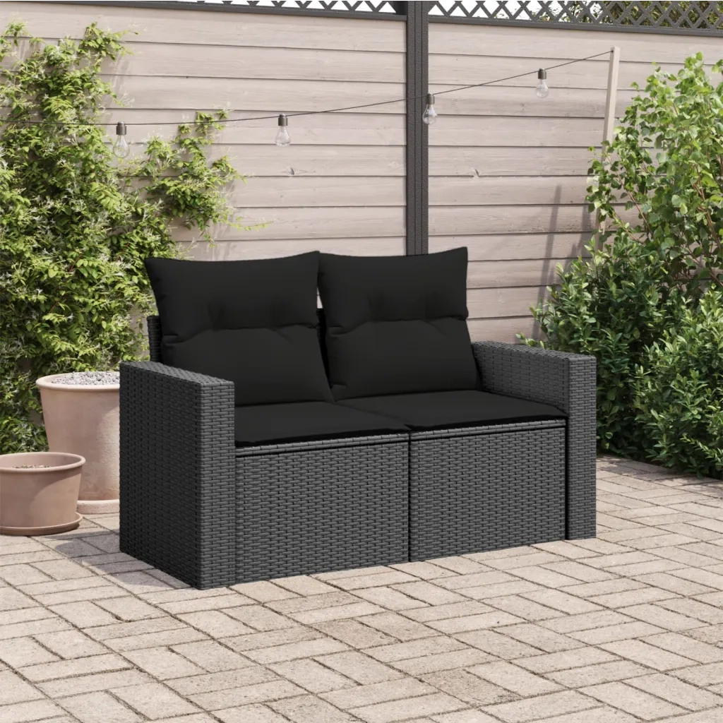 Divano da giardino con cuscini 2 Posti-Sofa da Giardino-Divano da esterno nero in polyrattan 407654