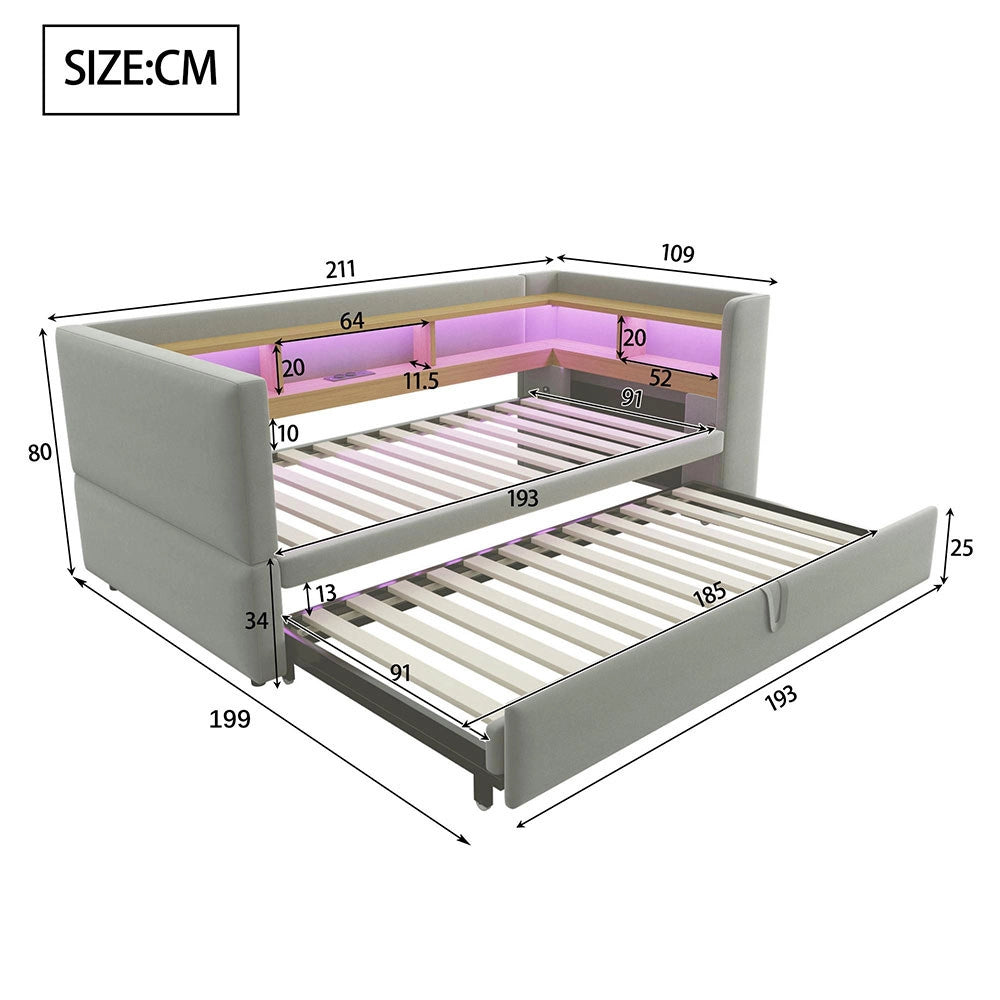 Divano letto - Xylo - 90/180x190 cm LED USB grigio chiaro