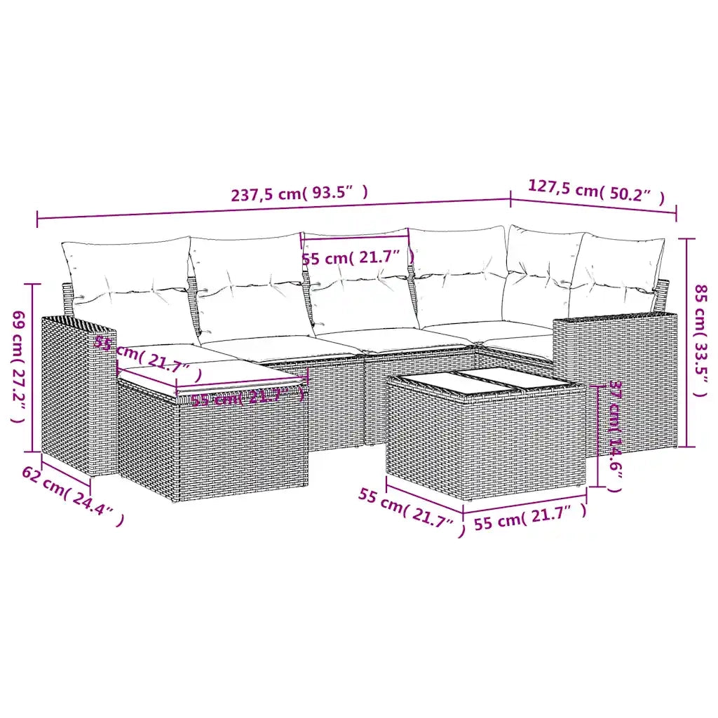 Set Divani da Giardino 7 pz con Cuscini Marrone in Polyrattan