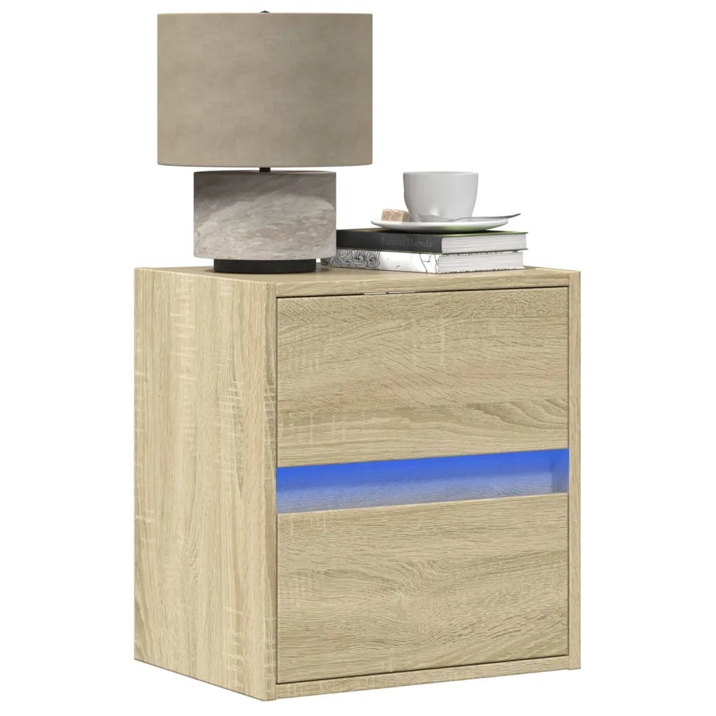 Set di 2 Comodini | Armadio da Notte | Mobiletto da notte a Parete con luci LED Rovere Sonoma