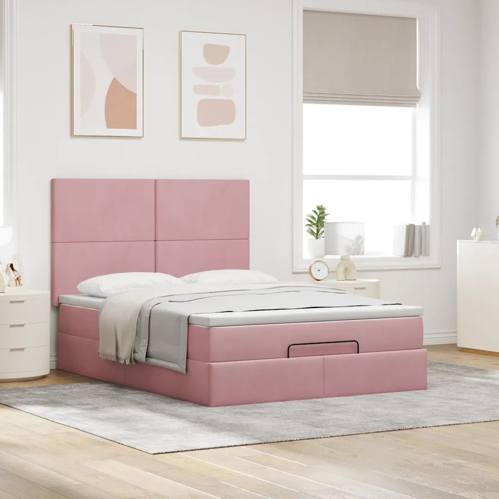 Struttura Letto Pouf con Materassi Rosa 140x200 cm in Velluto 3313408