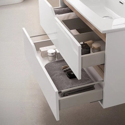 Mobile bagno sospeso 100cm bianco e quercia con pensile e lavabo Sumya
