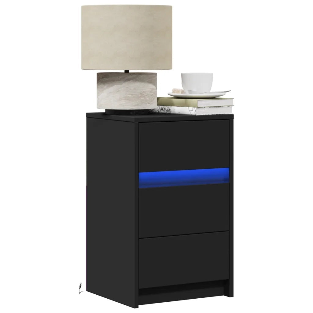 Comodino | Armadio da Notte | Mobiletto da notte con Luci LED Nero in Legno Multistrato