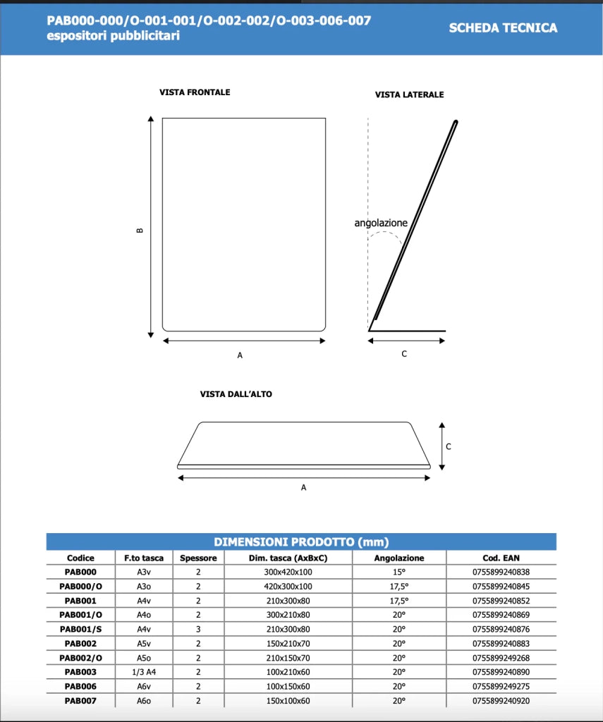 Porta avvisi da banco in Plexi con base a L Monofacciale - A6 verticale