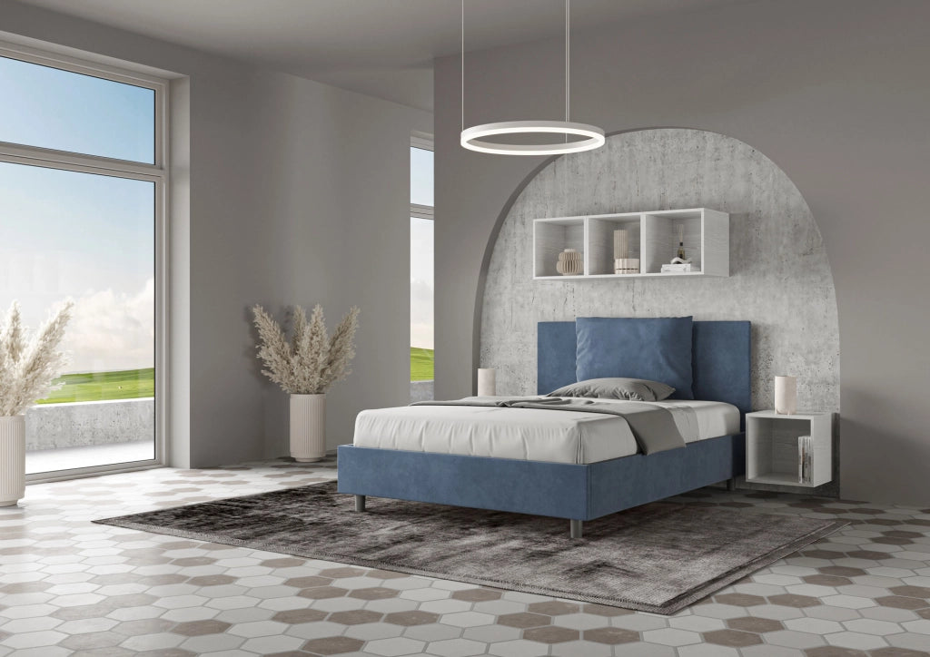 BS COM Letto una piazza e mezza senza rete imbottito 130x200 microfibra blu