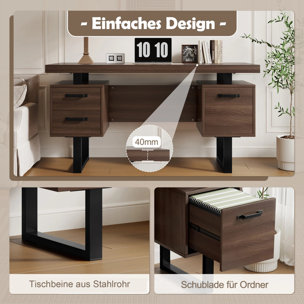 SCRIVANIA da Ufficio 135x54 cm MDF e Metallo Marrone Scuro e Nero