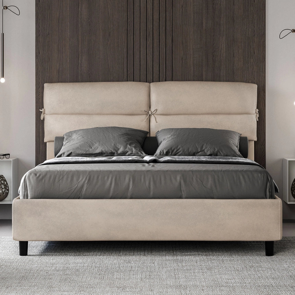 BS COM Letto matrimoniale contenitore doppia alzata imbottito 160x200 microfibra sabbia