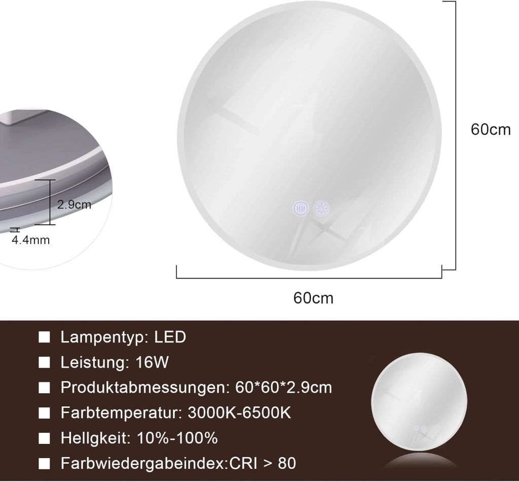 ZMH Specchio da Bagno LED con Illuminazione Touch e Regolazione d'Intensità