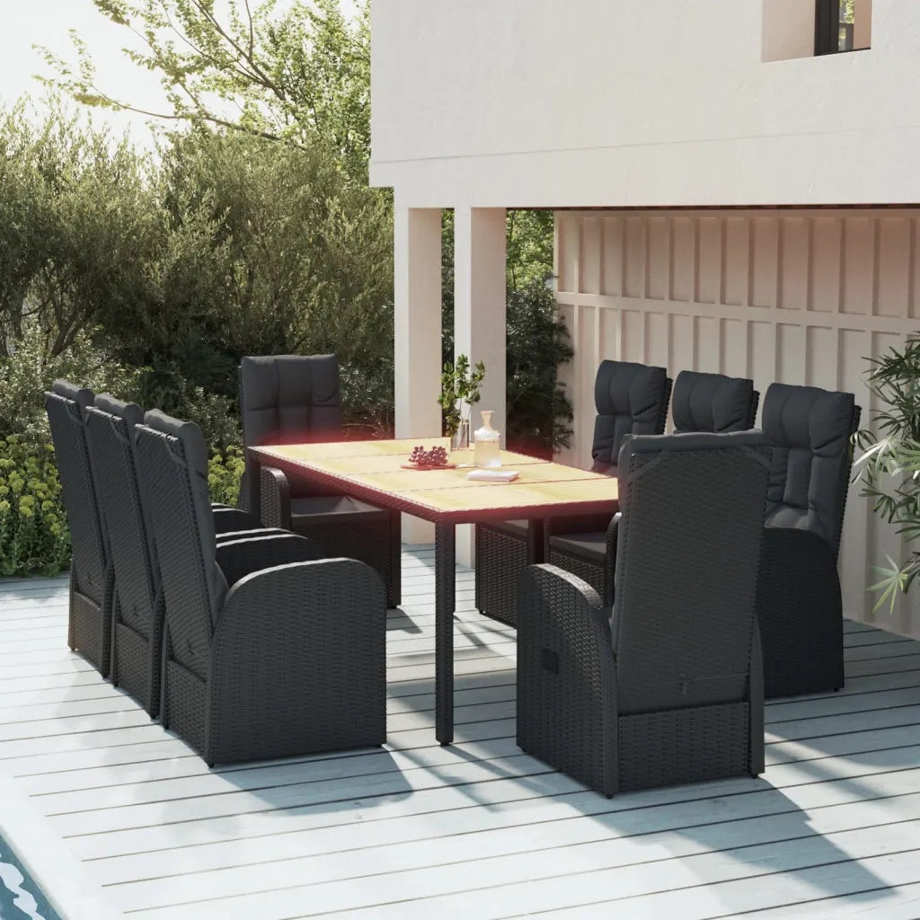Set da Pranzo da Giardino 9 pz con Cuscini Nero in Polyrattan 3157604