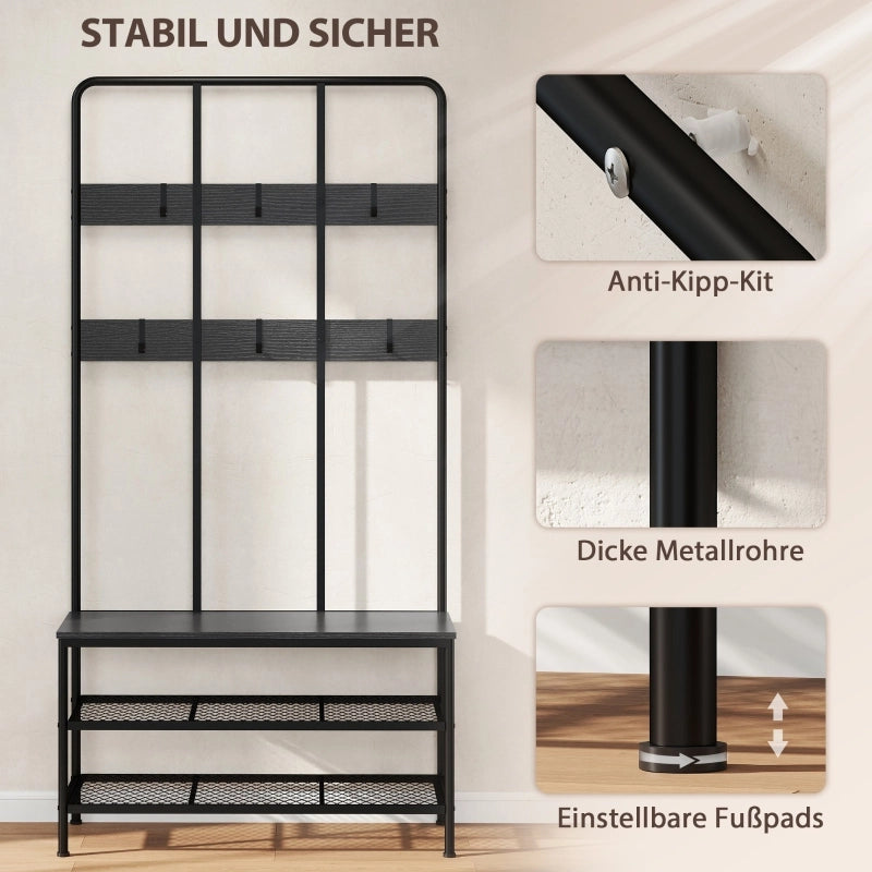 APPENDIABITI 3-in-1 con 6 ganci, panca e scarpiera, nero